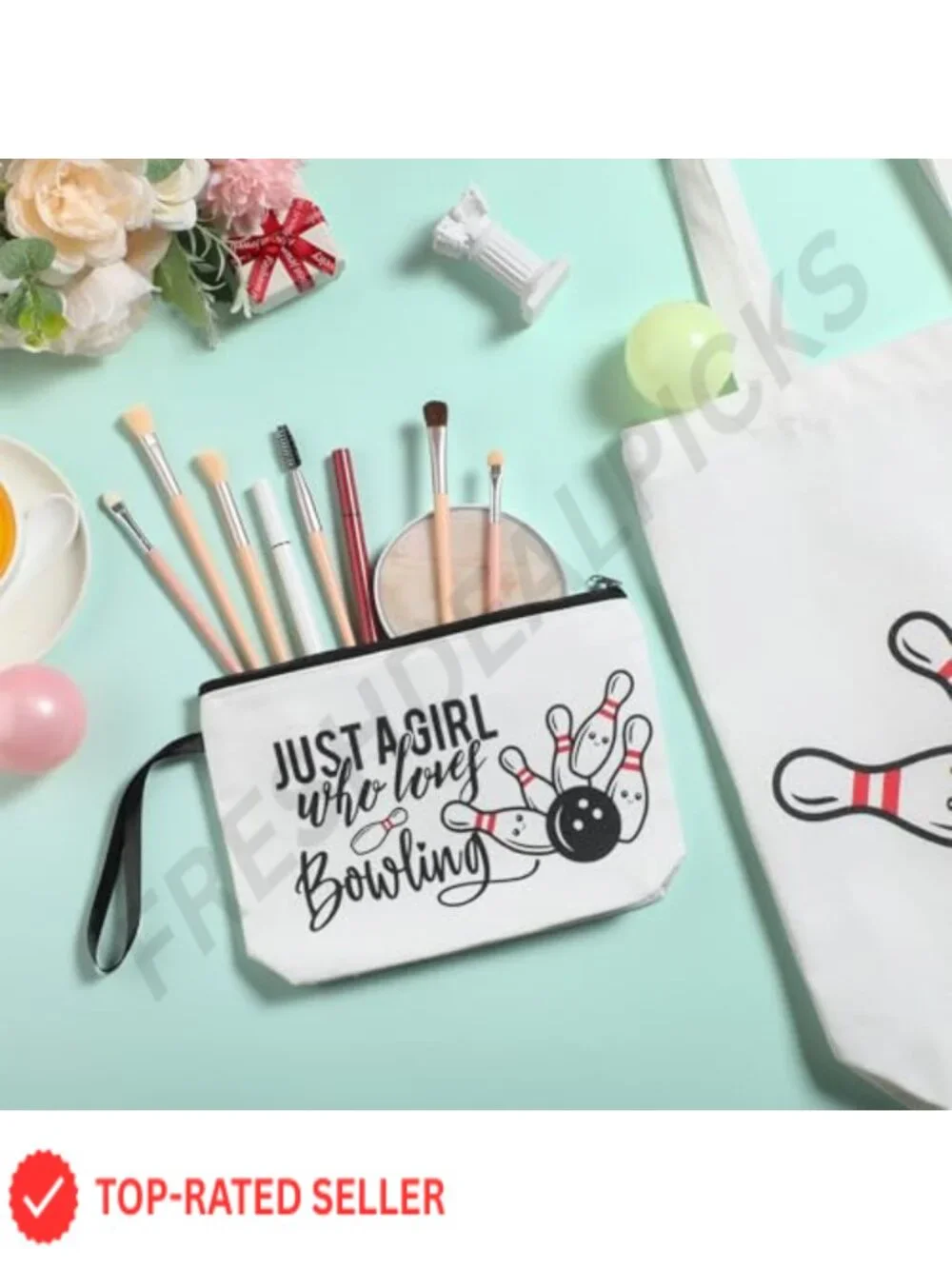 Bowling Gift Set Canvas Tote Bag and Makeup Pouch Cosmetics Organizer for Women